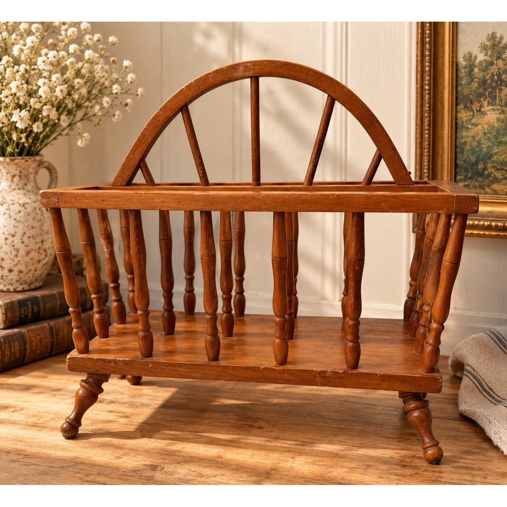 Vintage Wooden Spindle Magazine Rack Floor Stand Arched Handle Turned Legs